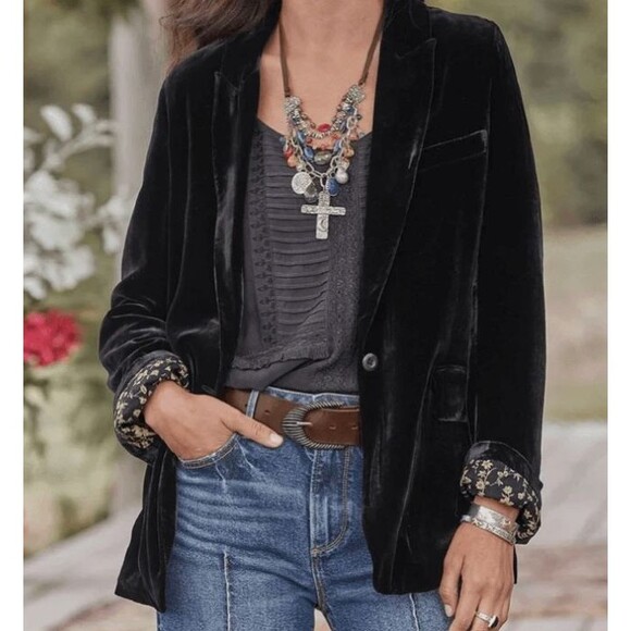 Sundance Monte Rosa Blazer Womens 6 Black Velvet Button Floral Jacket Silk NEW - Picture 2 of 15